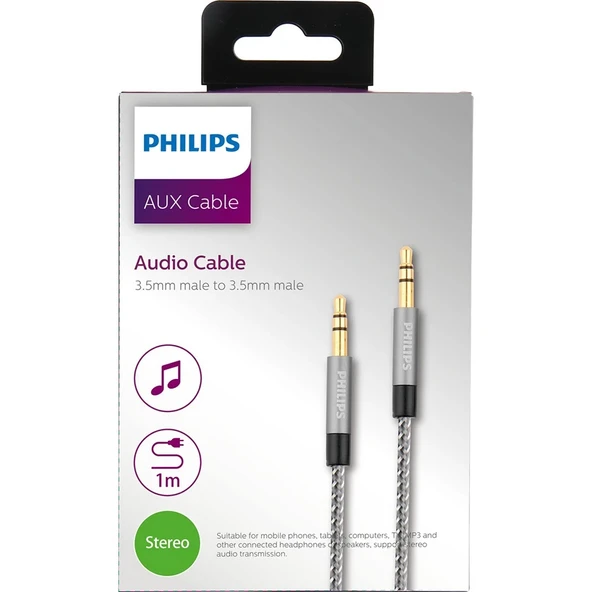 Philips SWR2114B/93 1 Metre Örgülü 3.5mm Jack Aux Ses Kablosu 1mt