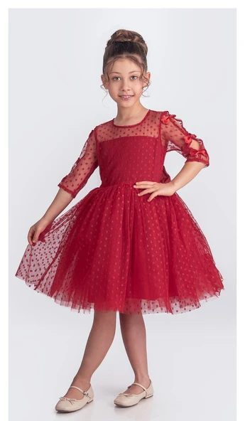 Dantel Puanlı, Uzun Kol Prenses Kız Çocuk Elbise M00707 ürün görseli 1