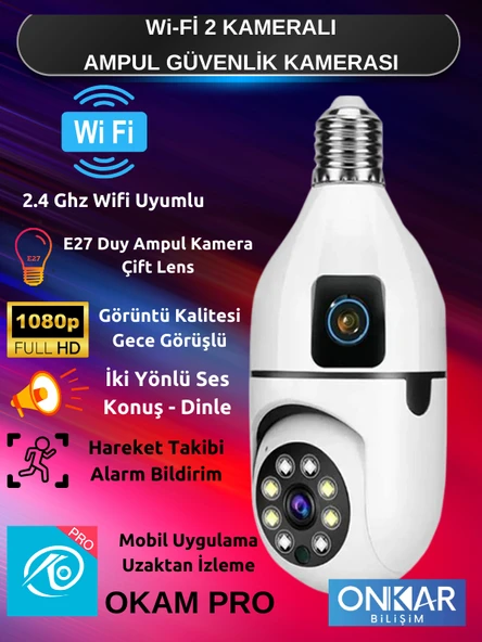 4MP  ( 2+2 ) Çift Lens Wifi Kablosuz Ampul Kamera Okam Pro Uyumlu - 4