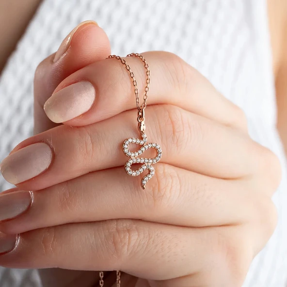 925 Ayar Gümüş Taşlı Yılan Kolye - Resim 2