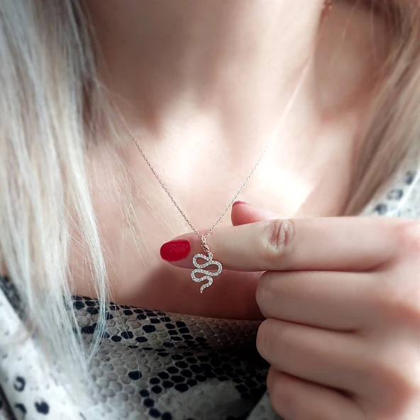 925 Ayar Gümüş Taşlı Yılan Kolye - Resim 5