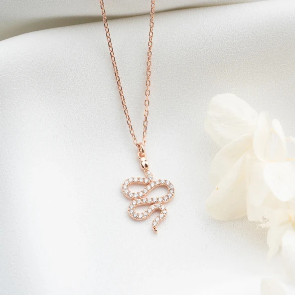 925 Ayar Gümüş Taşlı Yılan Kolye - Resim 3