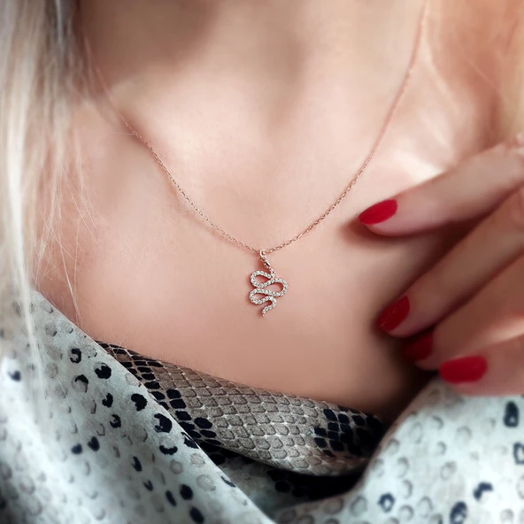 925 Ayar Gümüş Taşlı Yılan Kolye - Resim 7