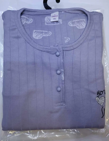 Lindros Kadın Pamuklu Düğme Yaka Raporlu İnterlok Battal Pijama Takımı 05114 - 1 Adet  2XL Lila - 7