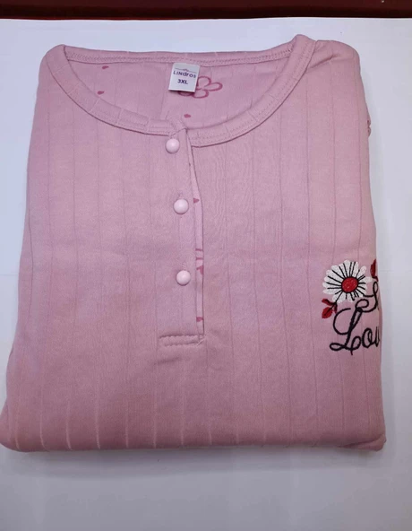Lindros Kadın Pamuklu Düğme Yaka Raporlu İnterlok Battal Pijama Takımı 05111 - 1 Adet  Gül Kurusu 2XL - 7