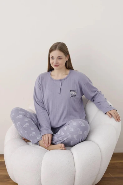 Lindros Kadın Pamuklu Düğme Yaka Raporlu İnterlok Battal Pijama Takımı 05114 - 1 Adet  2XL Lila