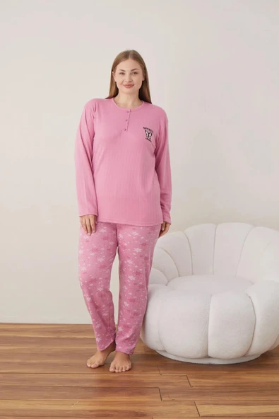 Lindros Kadın Pamuklu Düğme Yaka Raporlu İnterlok Battal Pijama Takımı 05110 - 1 Adet  Pembe 5XL - 3