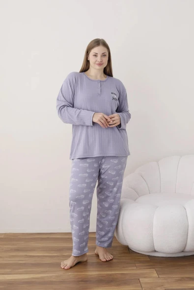 Lindros Kadın Pamuklu Düğme Yaka Raporlu İnterlok Battal Pijama Takımı 05114 - 1 Adet  2XL Lila - 4