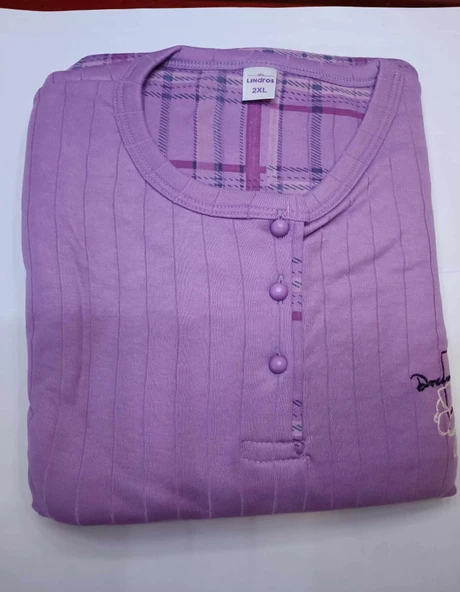 Lindros Kadın Pamuklu Düğme Yaka Raporlu İnterlok Battal Pijama Takımı 05130 - 1 Adet  5XL Mor - 3
