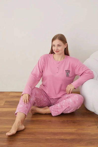 Lindros Kadın Pamuklu Düğme Yaka Raporlu İnterlok Battal Pijama Takımı 05110 - 1 Adet  Pembe 3XL - 6