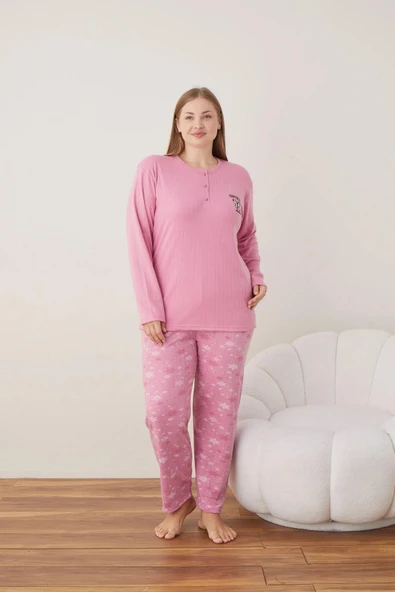 Lindros Kadın Pamuklu Düğme Yaka Raporlu İnterlok Battal Pijama Takımı 05110 - 1 Adet  4XL Pembe - 4