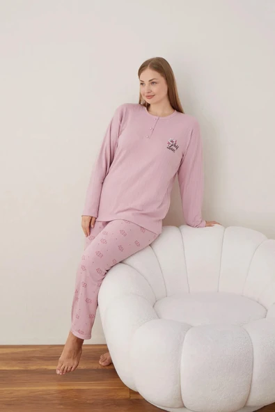 Lindros Kadın Pamuklu Düğme Yaka Raporlu İnterlok Battal Pijama Takımı 05111 - 1 Adet  Gül Kurusu 2XL - 2