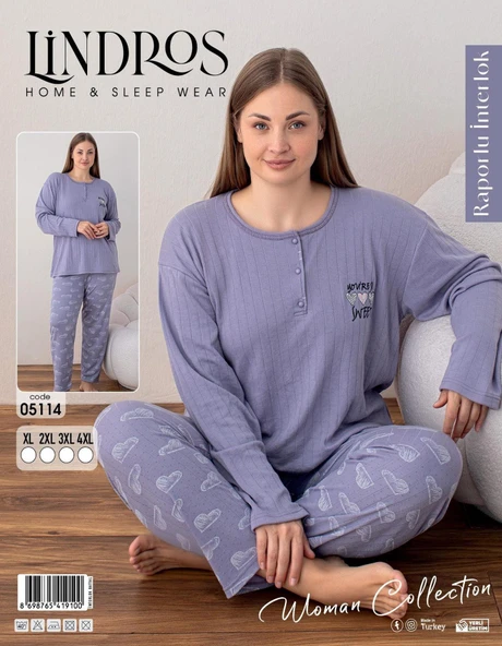 Lindros Kadın Pamuklu Düğme Yaka Raporlu İnterlok Battal Pijama Takımı 05114 - 1 Adet  2XL Lila - 6