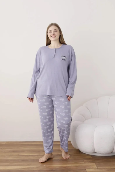 Lindros Kadın Pamuklu Düğme Yaka Raporlu İnterlok Battal Pijama Takımı 05114 - 1 Adet  Lila 3XL - 3