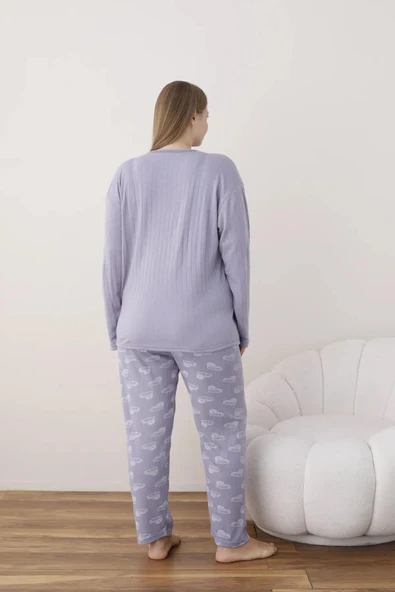 Lindros Kadın Pamuklu Düğme Yaka Raporlu İnterlok Battal Pijama Takımı 05114 - 1 Adet  2XL Lila - 5