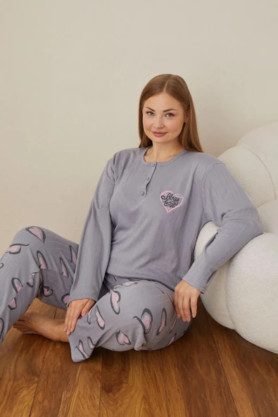 Lindros Kadın Pamuklu Düğme Yaka Raporlu İnterlok Battal Pijama Takımı 05102 - 1 Adet  Gri 5XL - 2