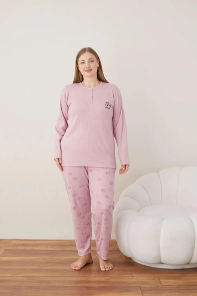 Lindros Kadın Pamuklu Düğme Yaka Raporlu İnterlok Battal Pijama Takımı 05111 - 1 Adet  Gül Kurusu 2XL - 3