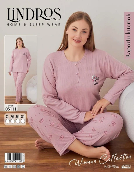 Lindros Kadın Pamuklu Düğme Yaka Raporlu İnterlok Battal Pijama Takımı 05111 - 1 Adet  Gül Kurusu 2XL - 6