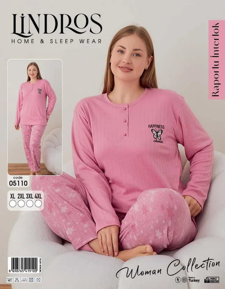 Lindros Kadın Pamuklu Düğme Yaka Raporlu İnterlok Battal Pijama Takımı 05110 - 1 Adet  Pembe 5XL - 7