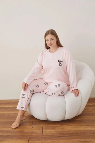 Lindros Kadın Pamuklu Düğme Yaka Raporlu İnterlok Battal Pijama Takımı 05109 - 1 Adet  Pembe 5XL