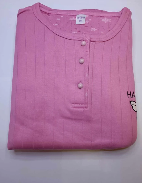 Lindros Kadın Pamuklu Düğme Yaka Raporlu İnterlok Battal Pijama Takımı 05110 - 1 Adet  Pembe 3XL - 8