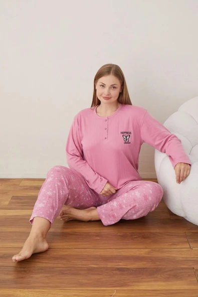 Lindros Kadın Pamuklu Düğme Yaka Raporlu İnterlok Battal Pijama Takımı 05110 - 1 Adet  Pembe 2XL
