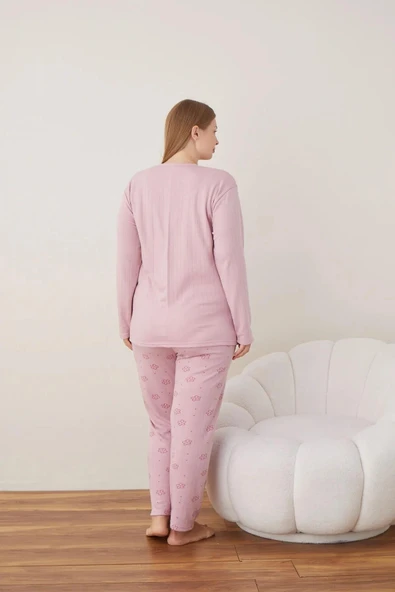 Lindros Kadın Pamuklu Düğme Yaka Raporlu İnterlok Battal Pijama Takımı 05111 - 1 Adet  Gül Kurusu 2XL - 4