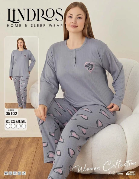 Lindros Kadın Pamuklu Düğme Yaka Raporlu İnterlok Battal Pijama Takımı 05102 - 1 Adet  Gri 5XL - 6