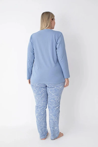 Senfoni Kadın Büyük Beden Düğmeli Yaka Uzun Kol %100 Pamuk Pijama Takımı 6068 -1 Adet  4XL Mavi - 3