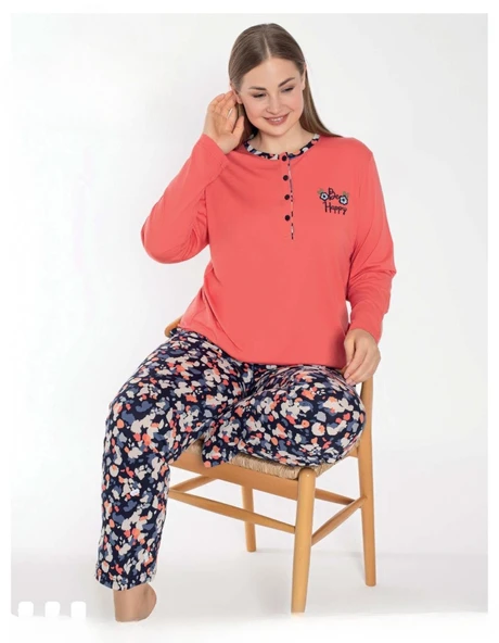 Senfoni Kadın Büyük Beden Düğmeli Yaka Uzun Kol Modal Pijama Takımı 6091 -1 Adet  3XL Turuncu