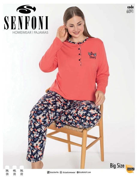 Senfoni Kadın Büyük Beden Düğmeli Yaka Uzun Kol Modal Pijama Takımı 6091 -1 Adet  5XL Turuncu - 2