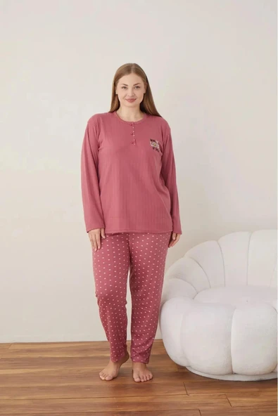 Lindros Kadın Pamuklu Düğme Yaka Raporlu İnterlok Battal Pijama Takımı 05121 - 1 Adet  5XL Gül Kurusu