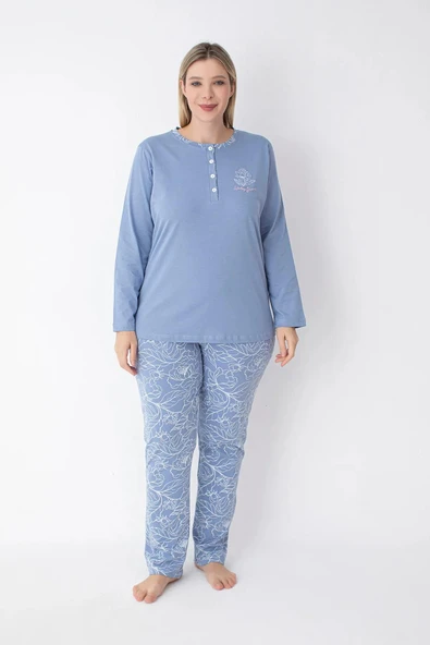Senfoni Kadın Büyük Beden Düğmeli Yaka Uzun Kol %100 Pamuk Pijama Takımı 6068 -1 Adet  Mavi 5XL