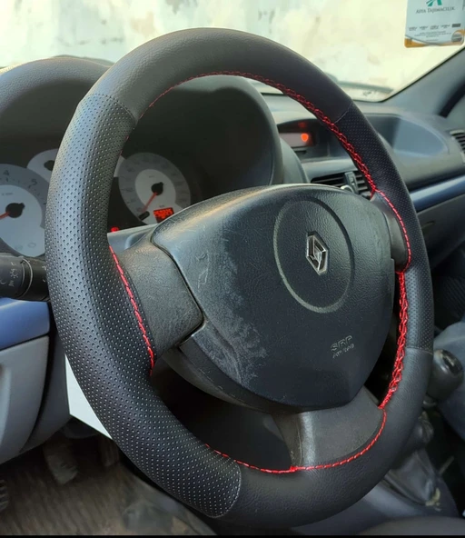 DİKİŞLİ DİREKSİYON KILIFI SİYAH DERİ NOKTALI DERİ KIRMIZI DİKİŞLİ RENAULT CLİO İÇİN - Resim 2