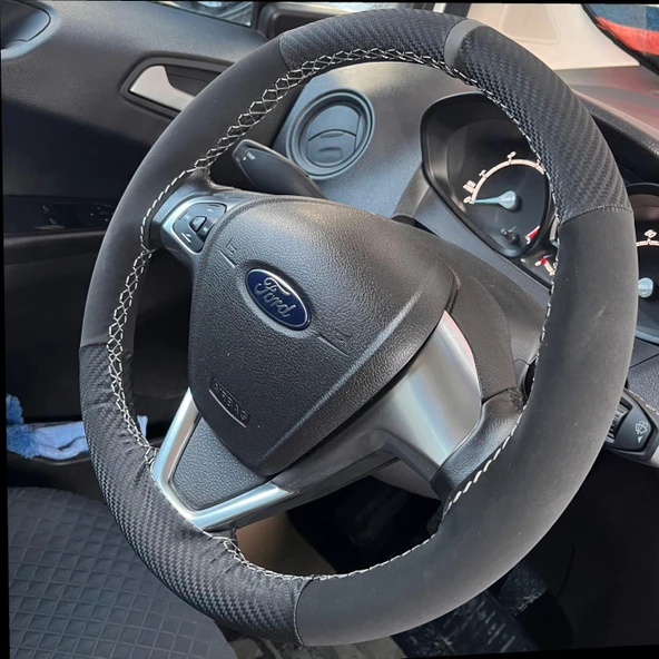 DİKİŞLİ DİREKSİYON KILIFI KARBON NUBUK DERİ GRİ YÜZÜK GRİ DİKİŞ FORD CURRİER İÇİN - 1