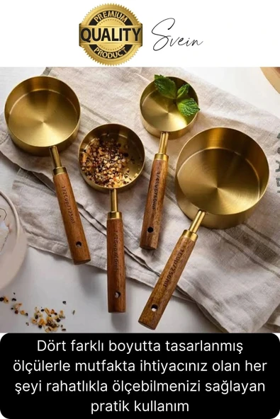 Özel Üretim Ağaç Saplı Paslanmaz Çelik 4 Boy Ölçü Kaşığı Kabı Lüks Şık Doğal Görünüm Otantik Altın - 2