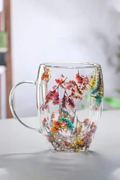 Özel Üretim Kurutulmuş Çiçekli Şık Dayanıklı Cam Kupa Bardak Hediyelik Kulplu Fincan 250 ml - 5