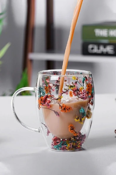 Özel Üretim Kurutulmuş Çiçekli Şık Dayanıklı Cam Kupa Bardak Hediyelik Kulplu Fincan 250 ml - 2