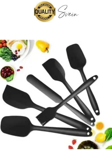 6 Parça Silikon Spatula Fırça Kaşık Bıçak Yemek Hazırlık Pasta Mutfak Seti Yanmaz Yapışmaz Siyah - 7