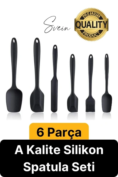 6 Parça Silikon Spatula Fırça Kaşık Bıçak Yemek Hazırlık Pasta Mutfak Seti Yanmaz Yapışmaz Siyah