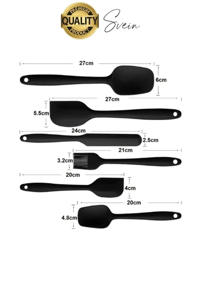 6 Parça Silikon Spatula Fırça Kaşık Bıçak Yemek Hazırlık Pasta Mutfak Seti Yanmaz Yapışmaz Siyah - 3