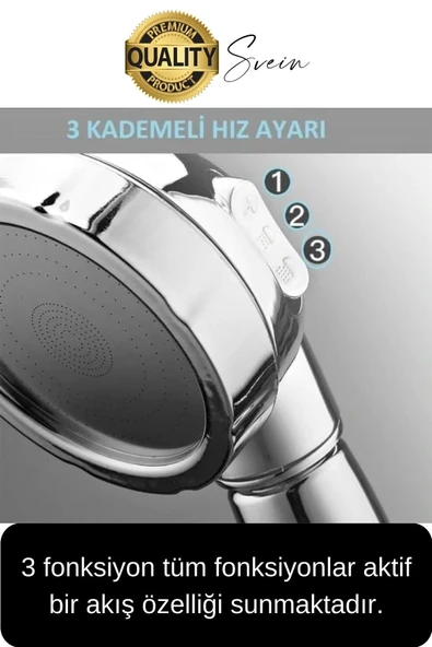 Premium 3 Fonksiyonlu Stoplu Krom Görünüm Duş Başlığı El Duşu Yüksek Basınç Kolay Kullanım Patlamaz - 3