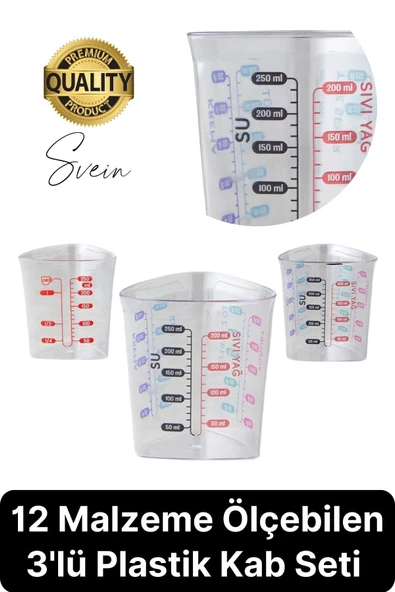 Premium 3'lü Set Plastik Ölçü Kabı 12 Çeşit Malzeme Ölçme Şeffaf Mutfak Gereci Galeta Unu İrmik