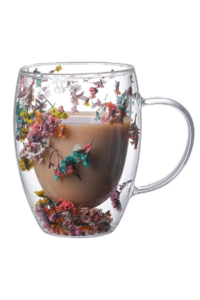 Özel Üretim Kurutulmuş Çiçekli Şık Dayanıklı Cam Kupa Bardak Hediyelik Kulplu Fincan 250 ml - 4