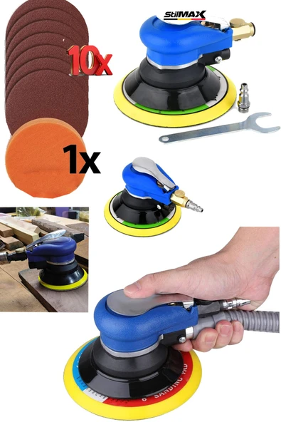 STM Yüksek Devir Havalı Orbital Zımpara Polisaj Makinesi BLUE150H 150MM x10 Zımpara ve Ped Hediyeli - 2