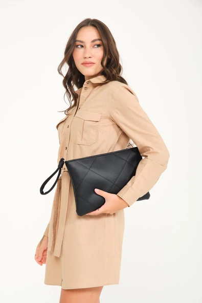 Kadın Astarlı Siyah Deri Clutch Çanta El Çantası Portföy - 5