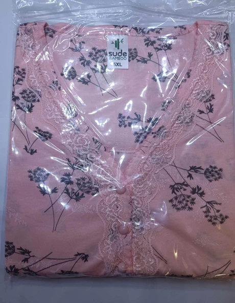 Sude Kadın Bambu Büyük Beden Uzun Kol V Yakası Nakışlı İnce Pijama Takımı P/4357- 1 Adet  Pudra 3XL