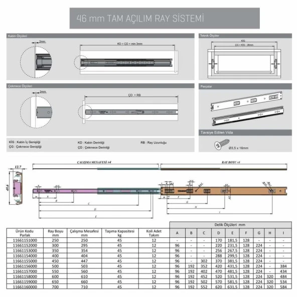 Samet Galvanizli Teleskopik Çekmece Rayı 46x500 - 2