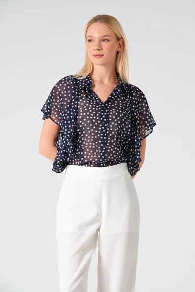 Polo Yaka Fırfırlı Kısa Kol Şifon Gömlek - 8