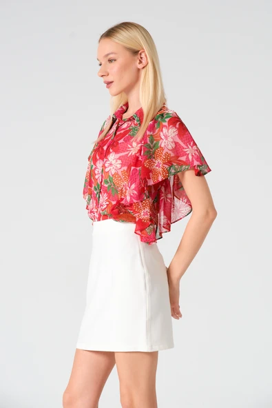 Polo Yaka Fırfırlı Kısa Kol Şifon Gömlek - 3